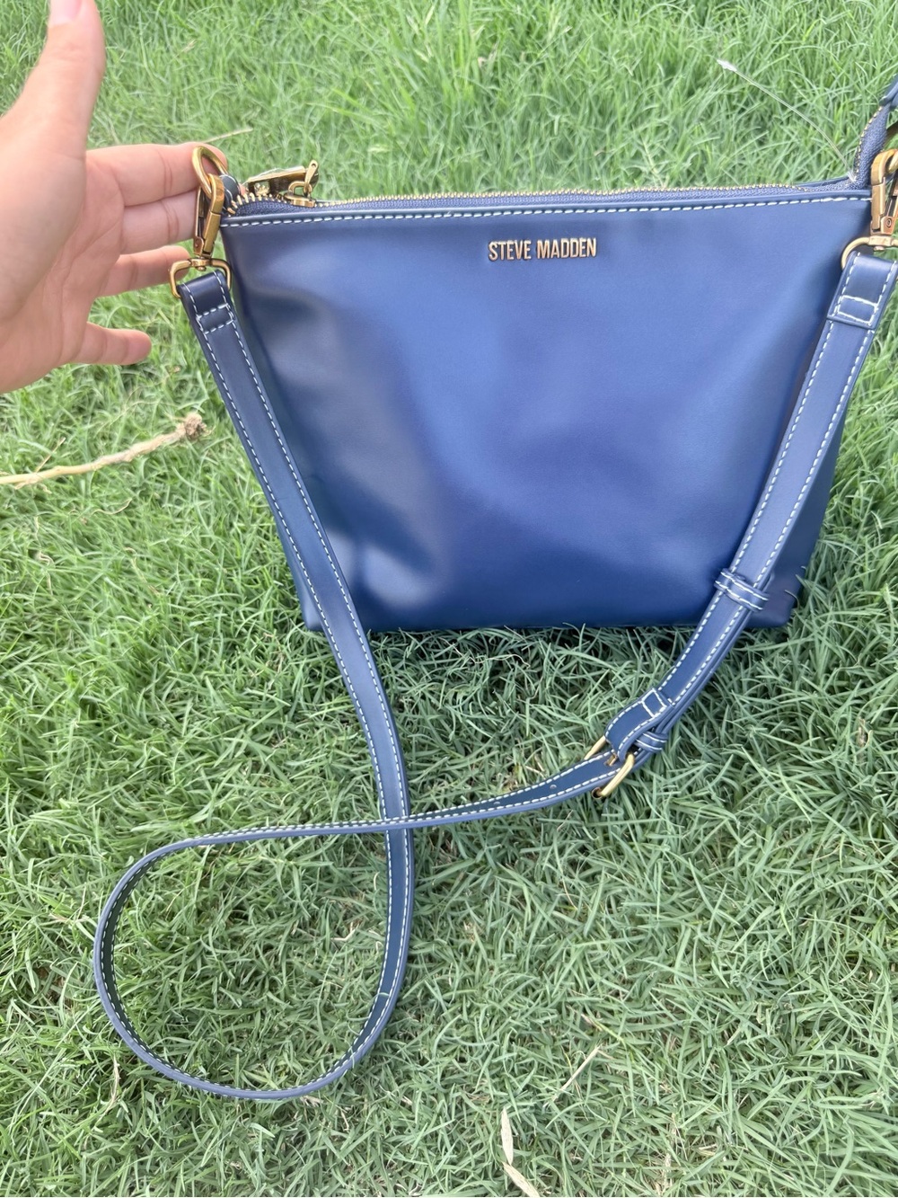 Steve Madden Blue Leather Crossbody with Gold-Tone Hardware